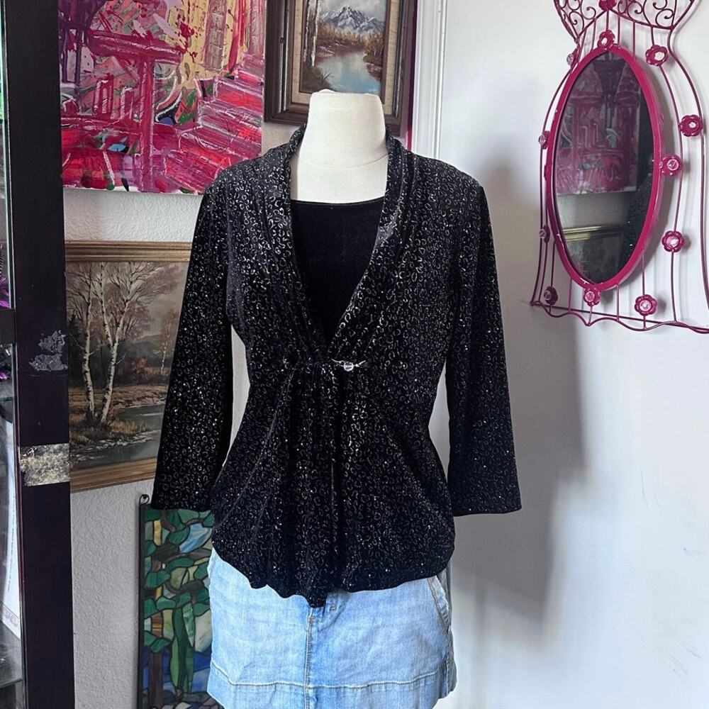 Elementz black velvet bedazzled sparkly blouse top